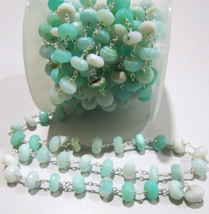 Natural Blue Opal Rondelle Faceted 8mm Beaded Chain Peruvian Opal Rosary Handmade Chain Wholesale Prices Blue gemstone chain Per foot