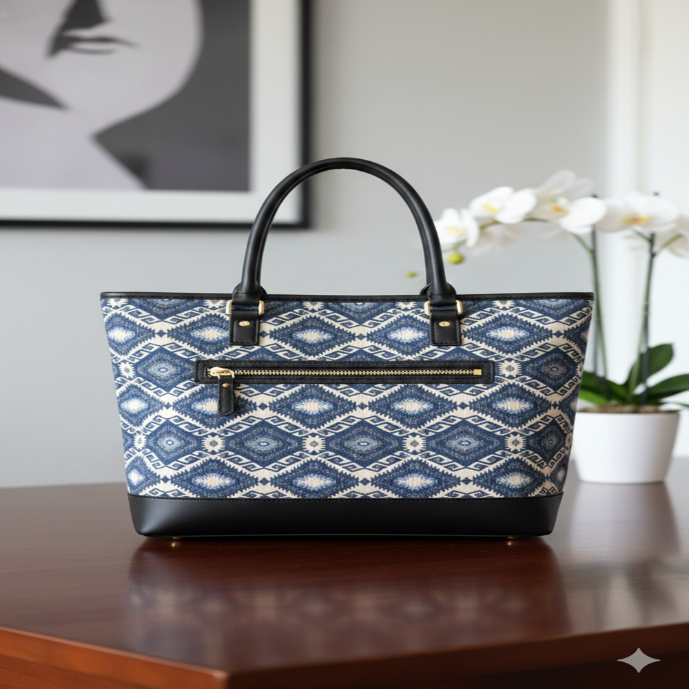 blue and beige jacquard bag fabric