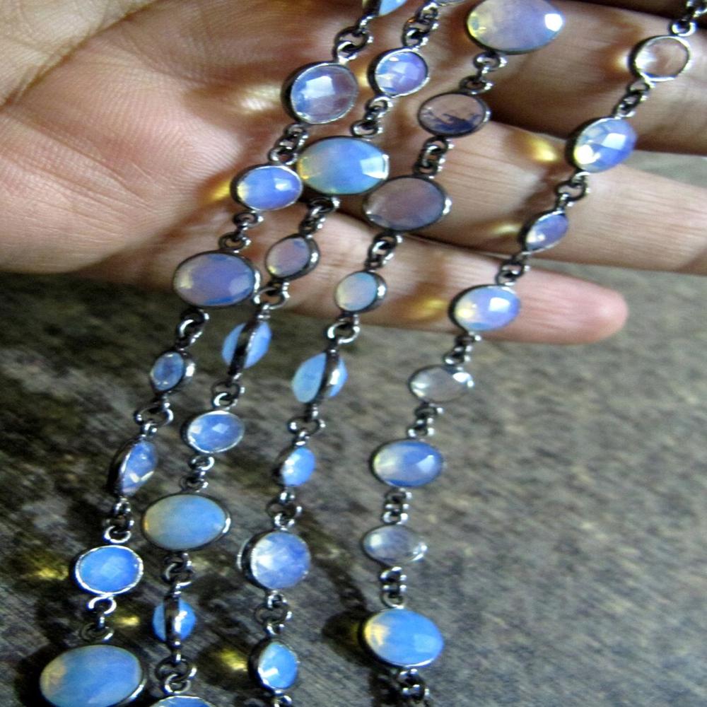 1 Foot-: White Opal Quartz Round Coin Shape Briolette Faceted alternative Size Bezel Connector Chain Wholesale Prices Jewelry making Chain