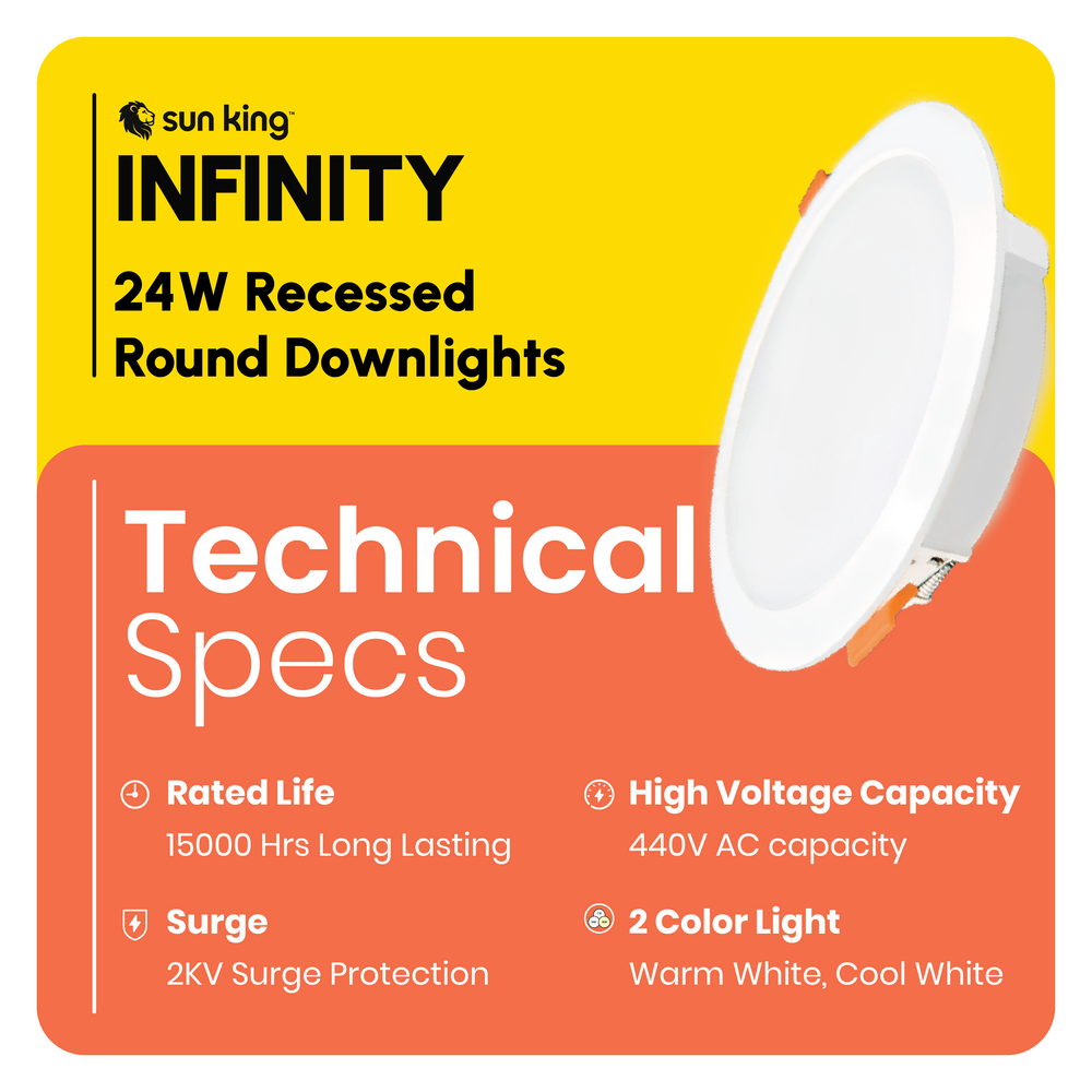Sun King 24W Energy Efficient LED Round Recessed Downlight (Available in Cool and Warm White)