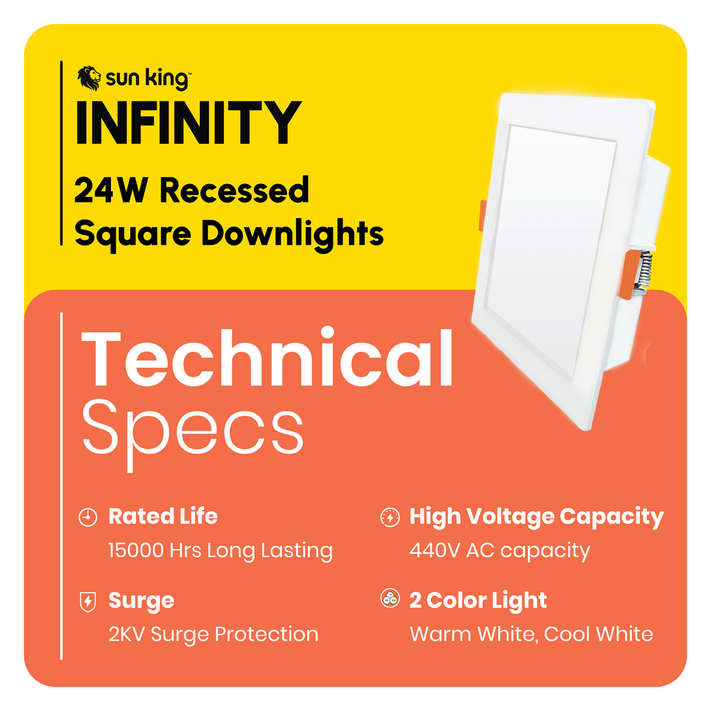 Sun King 24W Energy Efficient LED Square Recessed Downlight (Available in Cool and Warm White)