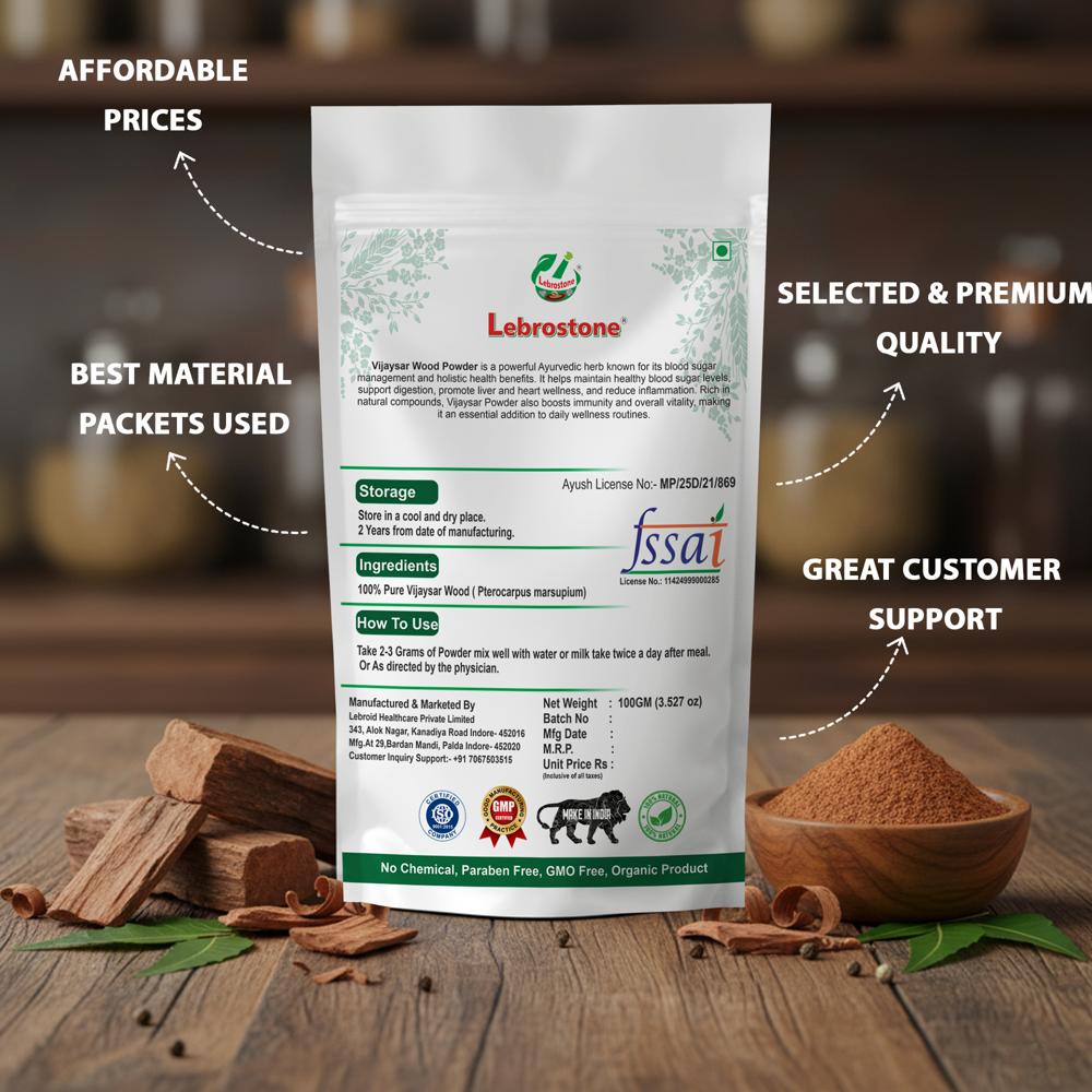 Lebrostone Vijayasar Wood  Blood Sugar Support, Liver Detox & Heart Health(100gm)