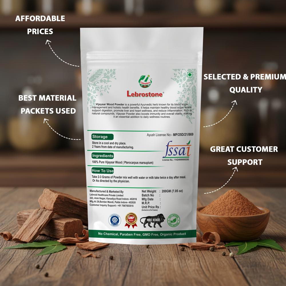 Lebrostone Vijayasar Wood | Blood Sugar Support, Liver Detox & Heart Health(200gm)