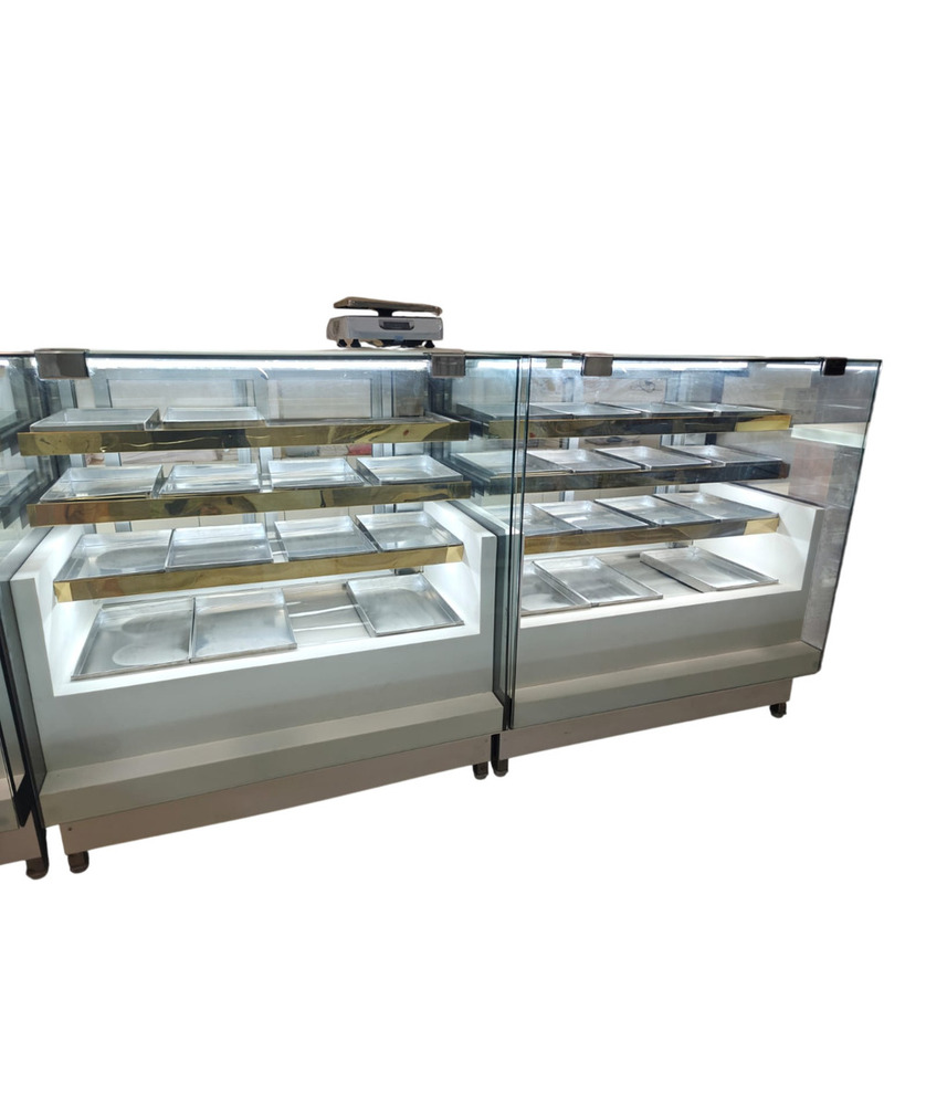 Commercial Bakery Or Sweet Display Counter - Stainless Steel & Toughened Glass, 4-7 Feet, Silver/Black Accents | Curved Anti-Fog Glass, LED Lighting, Sliding Rear Doors, Adjustable Shelves, Under-Counter Storage