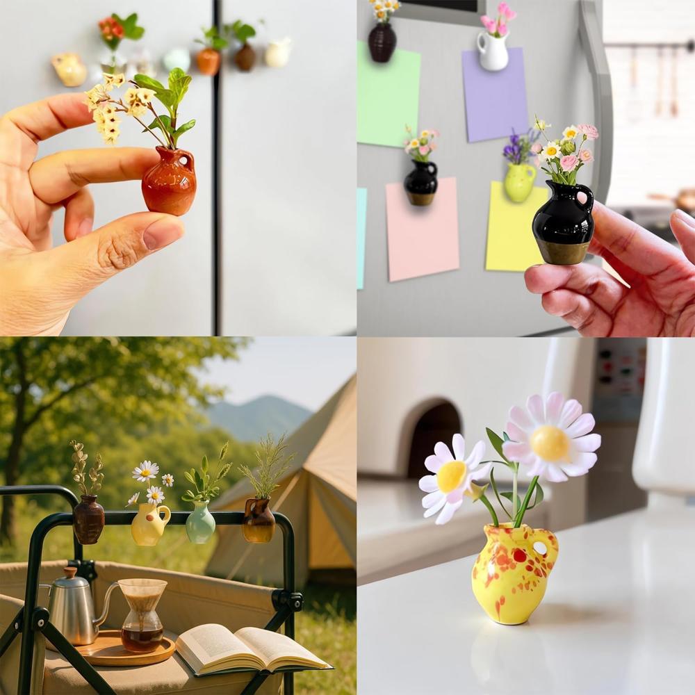 8 Pcs Cute 3D Ceramic Flower Vase Refrigerator Magnets