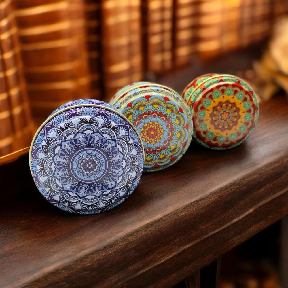100gm Mandala Art Printed Tin Container - Color: Multicolor
