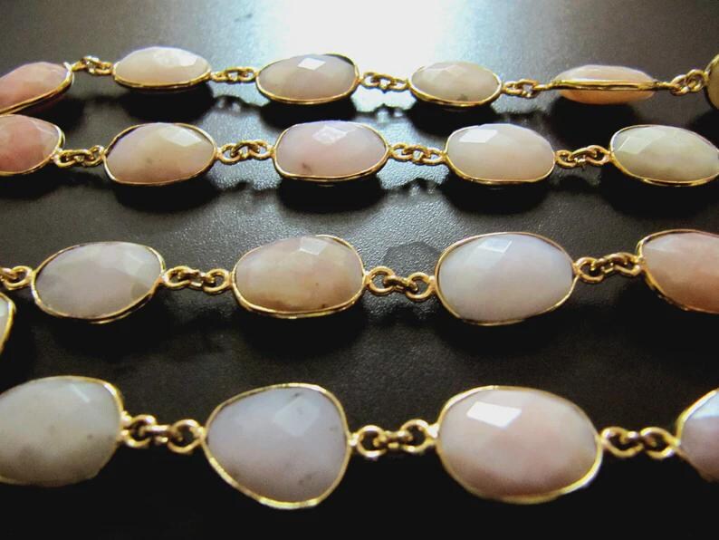 Natural Pink Opal Gemstone Briolette Free shape 13 to 16mm Bezel Connector chain Sold Per Foot
