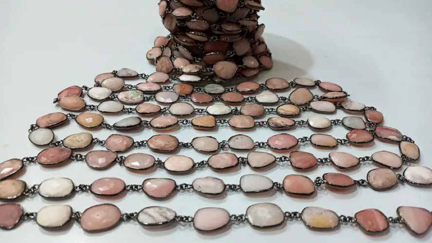 Natural Pink Opal Gemstone Briolette Free shape 13 to 16mm Bezel Connector chain Sold Per Foot 