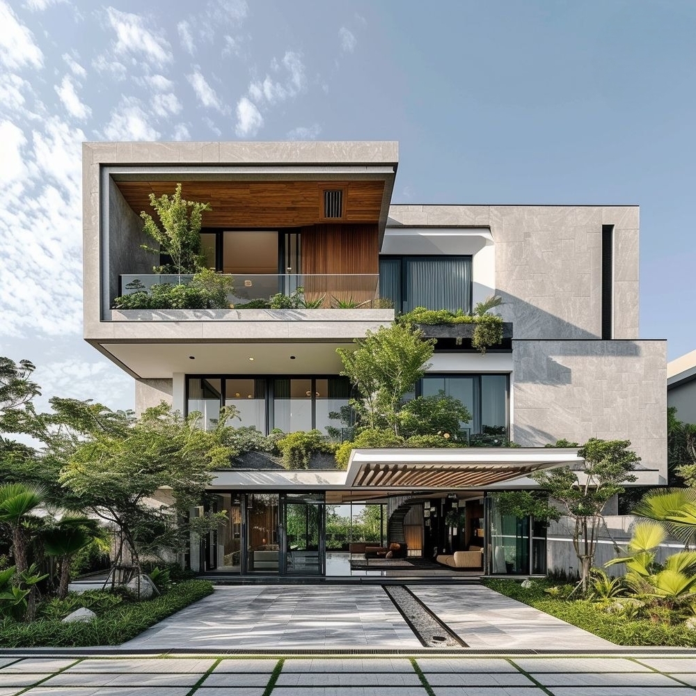 Ultra Modern Villa Elevation With Landscaping