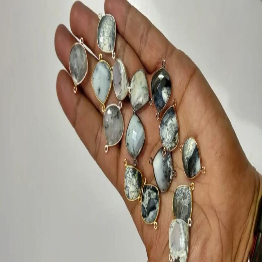 Natural Dendritic Opal Bezel Connector Heart Shape Double Loop 18mm approximately Top Quality Gemstone Connectors charms sold per piece