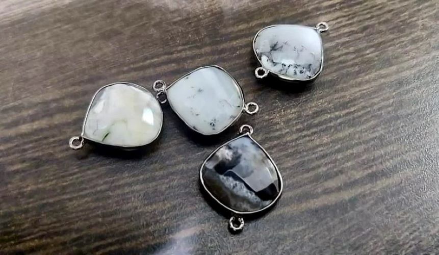 Natural Dendritic Opal Bezel Connector Heart Shape Double Loop 18mm approximately Top Quality Gemstone Connectors charms sold per piece