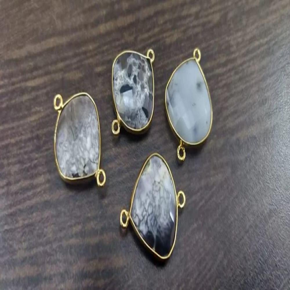 Natural Dendritic Opal Bezel Connector Heart Shape Double Loop 18mm approximately Top Quality Gemstone Connectors charms sold per piece