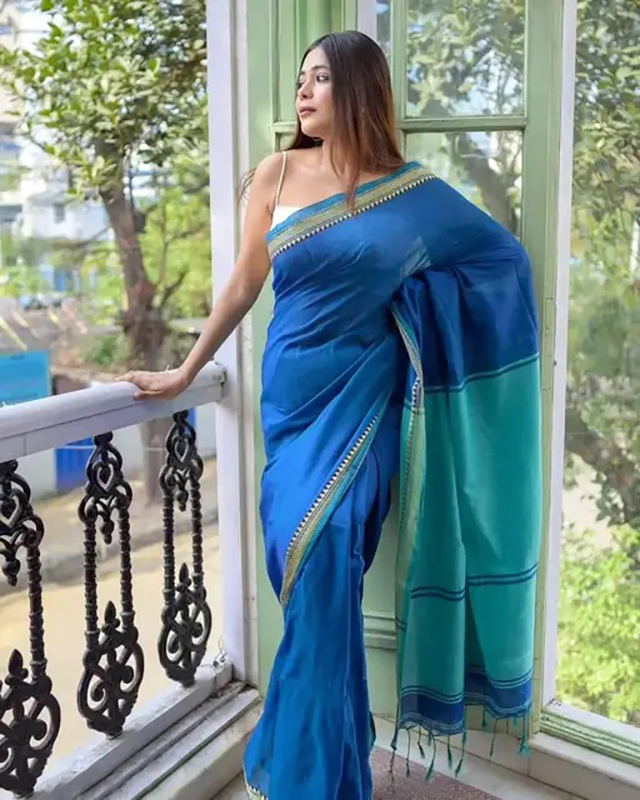 Teal Blue Color Terchi Par Handloom Saree