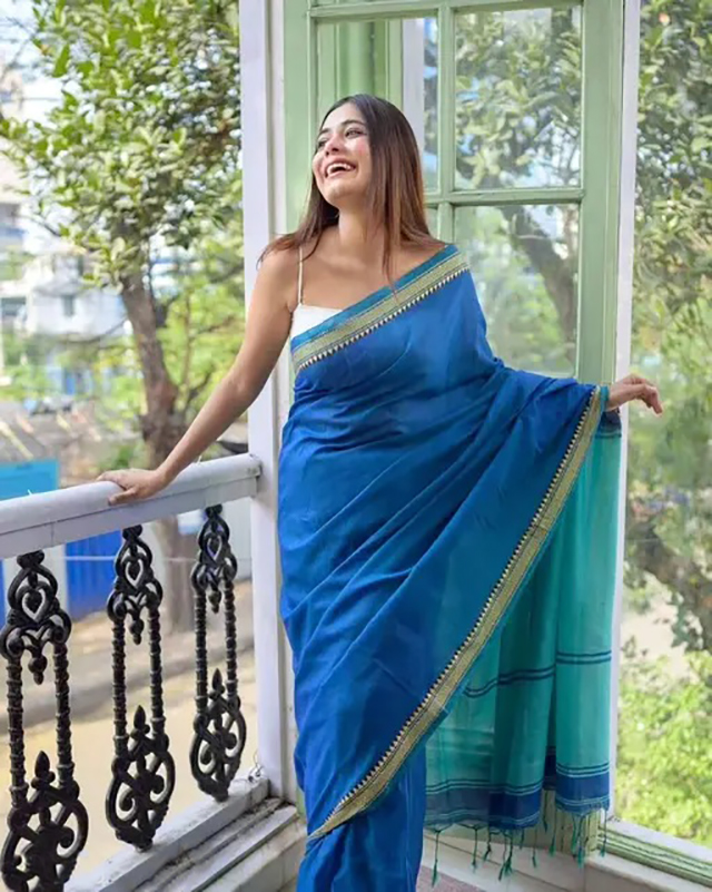Teal Blue Color Terchi Par Handloom Saree