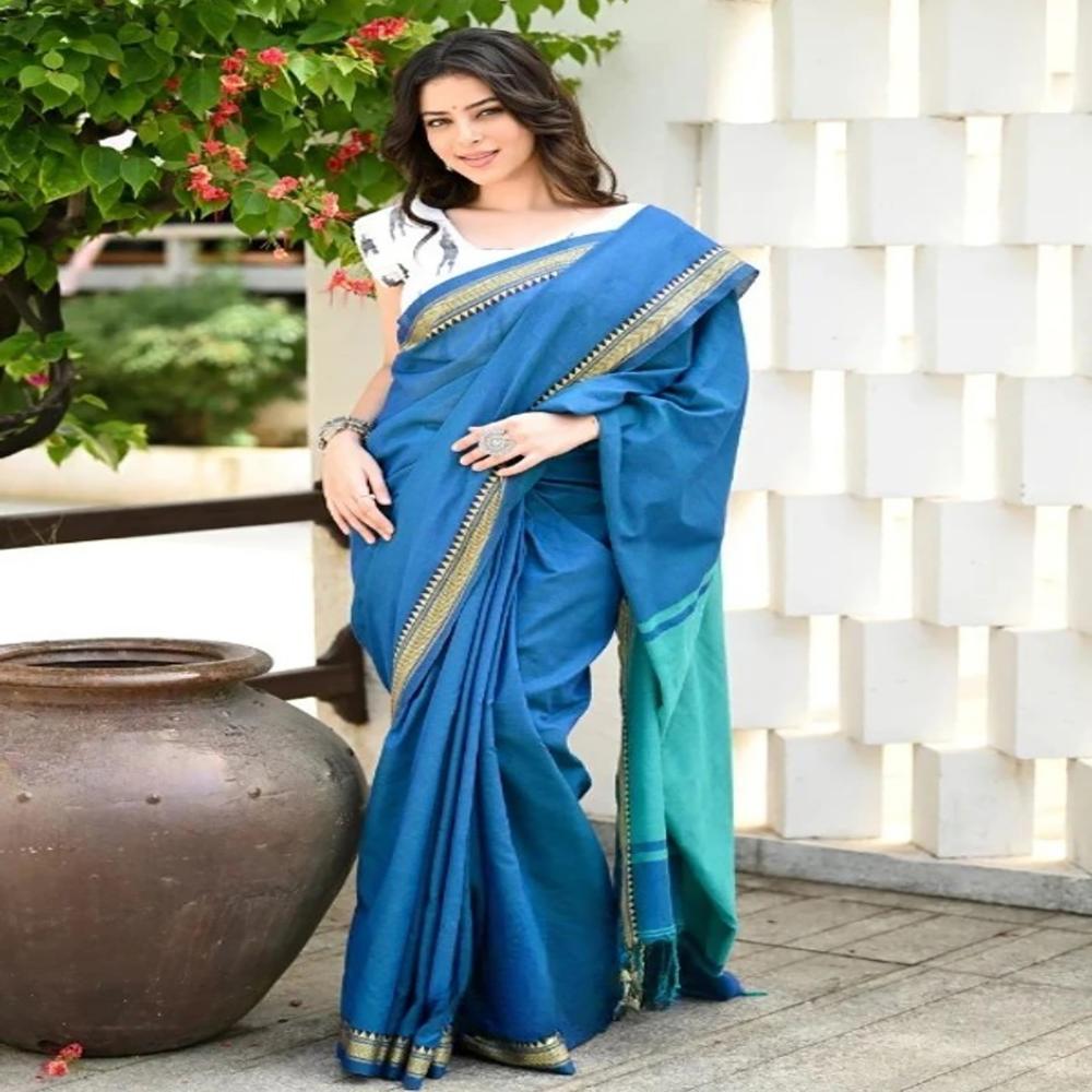 Teal Blue Color Terchi Par Handloom Saree