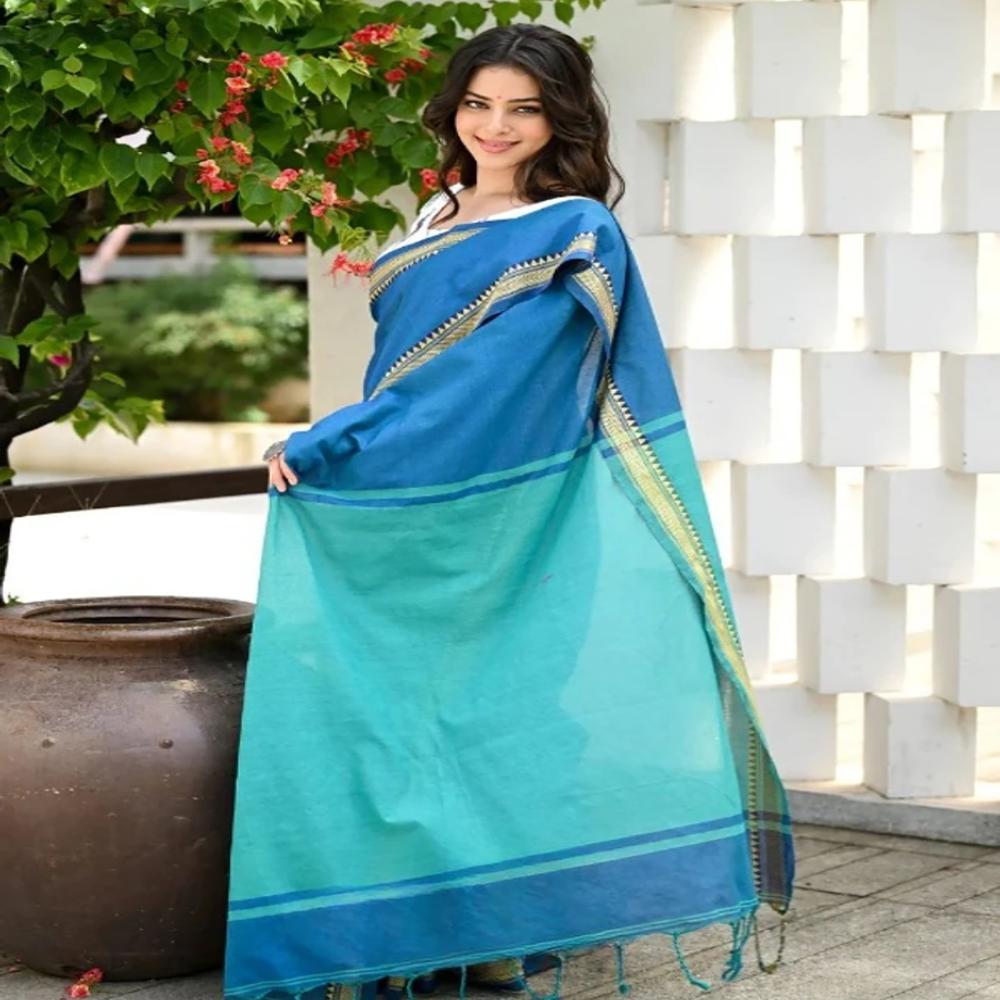 Teal Blue Color Terchi Par Handloom Saree
