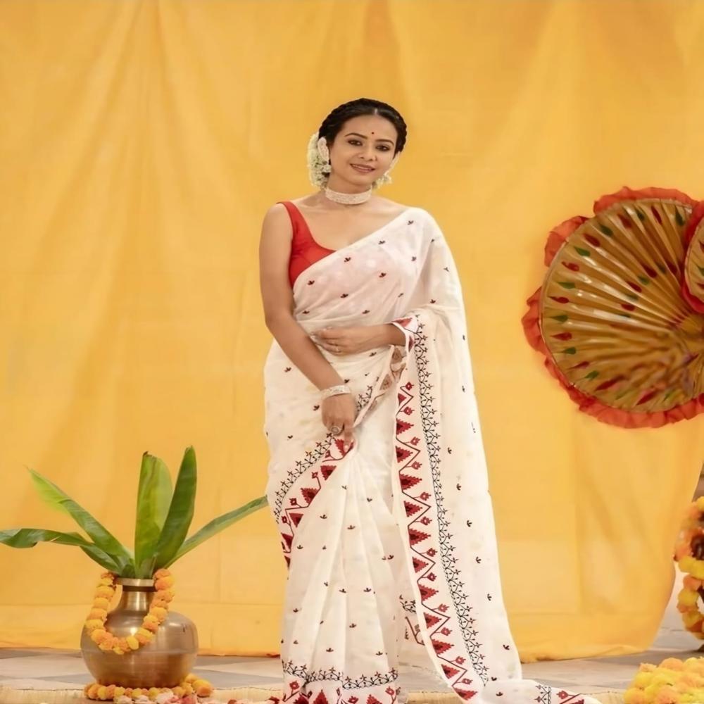 White Color Embroidery Khadi Saree