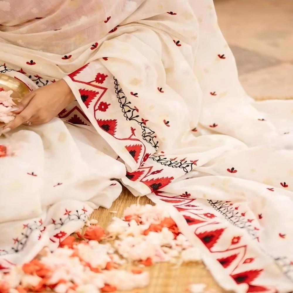 White Color Embroidery Khadi Saree