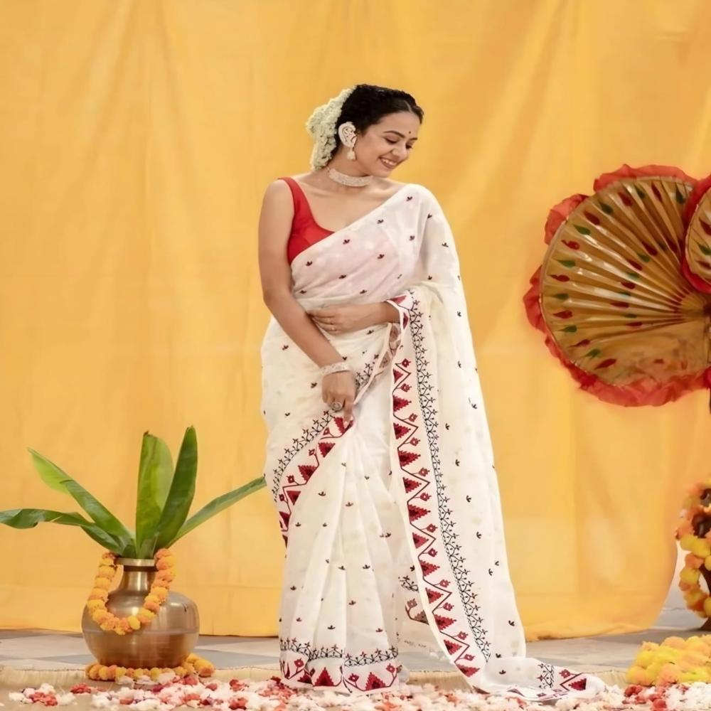White Color Embroidery Khadi Saree