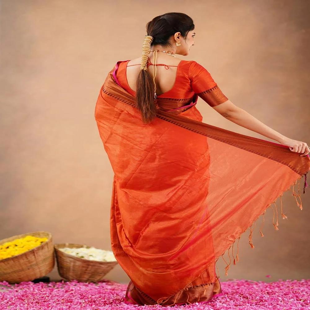 Red Orange Terchi Border Tissue Saree