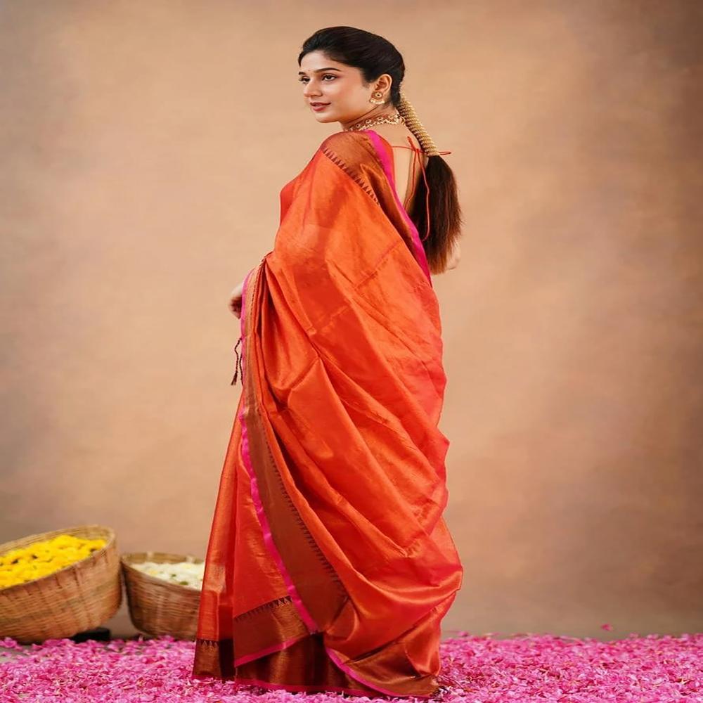 Red Orange Terchi Border Tissue Saree