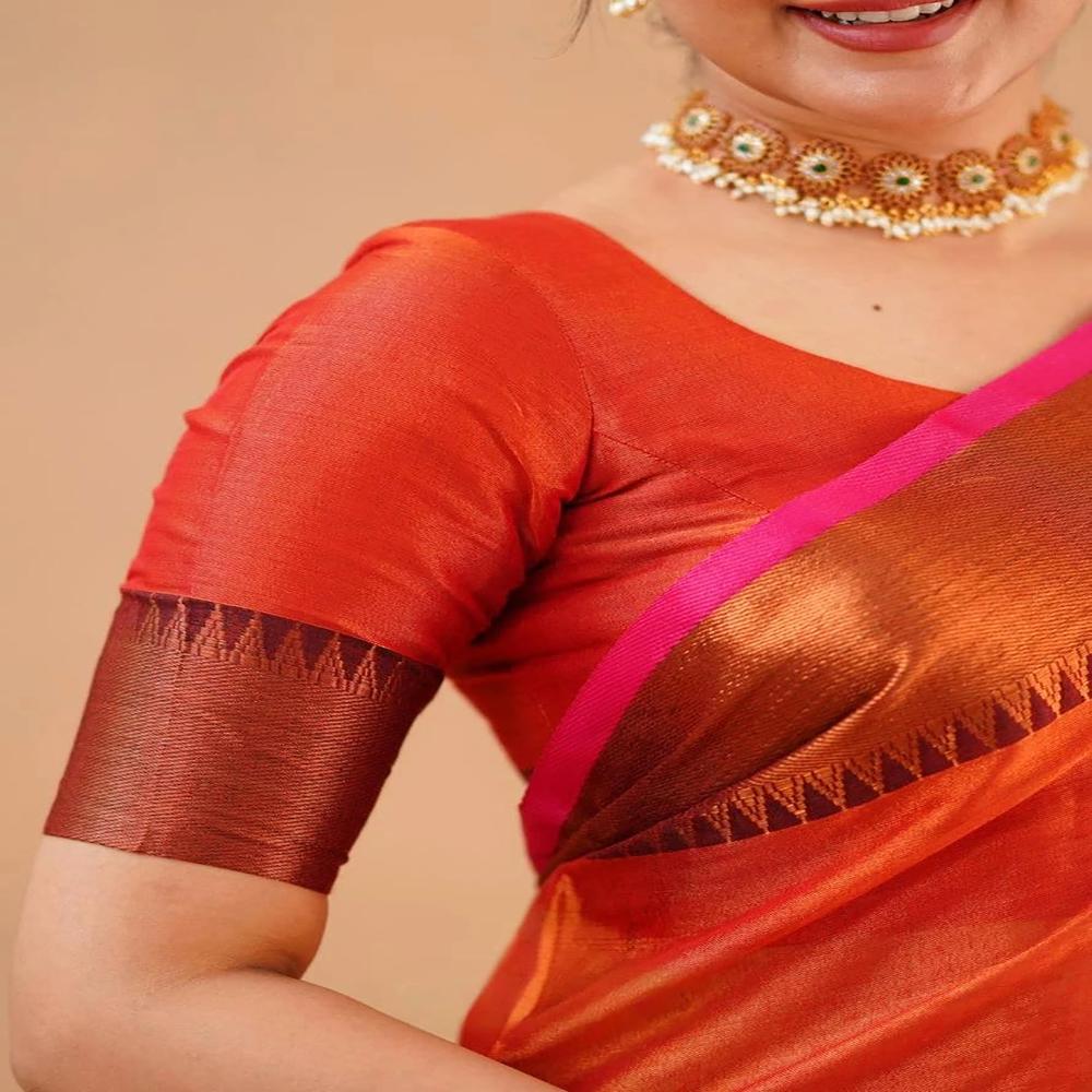 Red Orange Terchi Border Tissue Saree