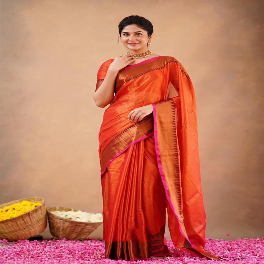 Red Orange Terchi Border Tissue Saree
