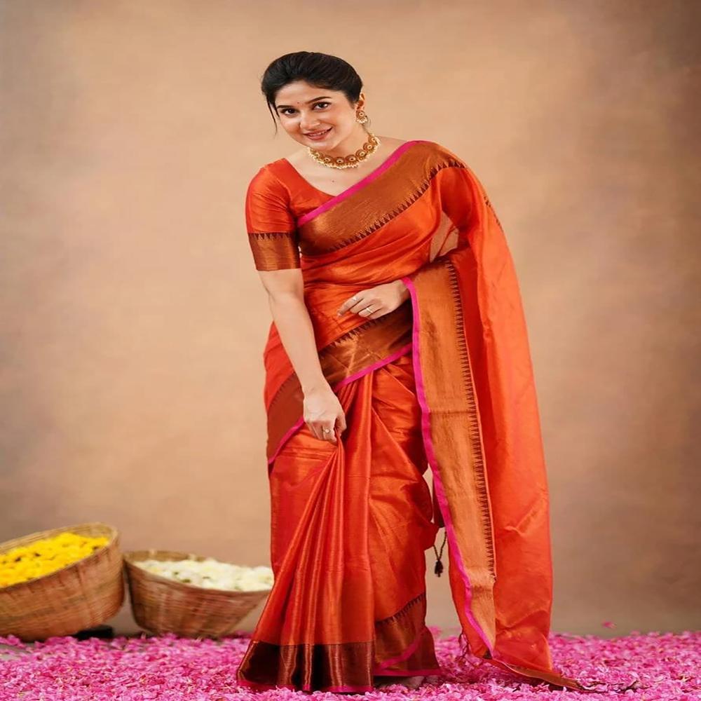 Red Orange Terchi Border Tissue Saree