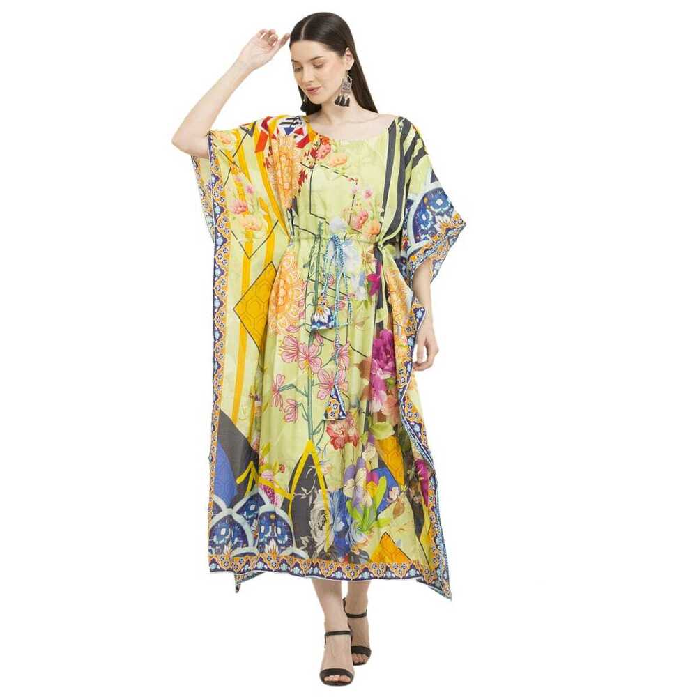 Silk Round Neck Floral Printed Kaftan