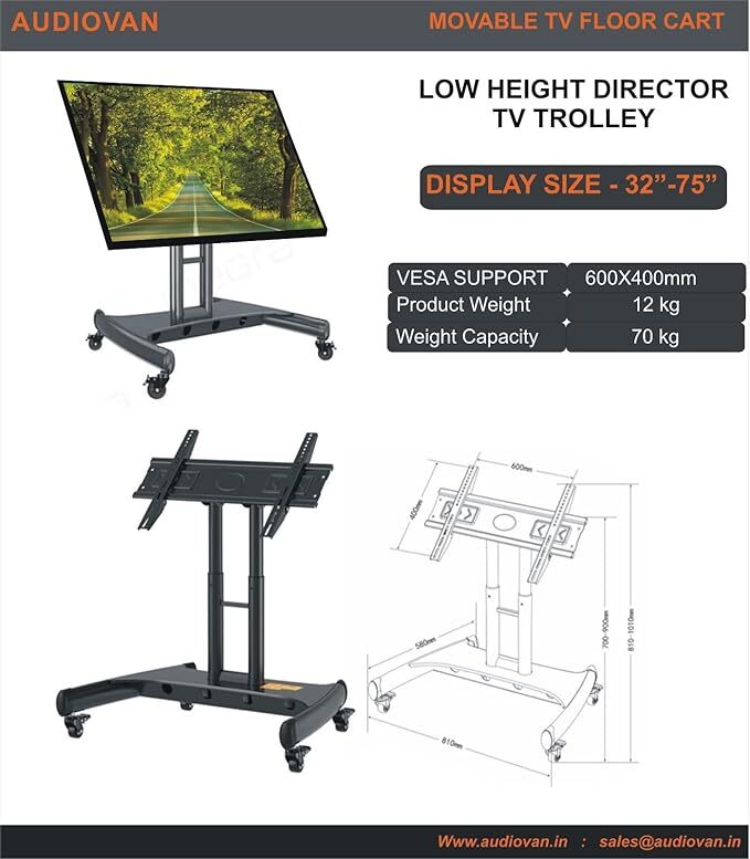 Unibox 75 Inch Heavy Duty Low Height TV Floor Trolley UB223