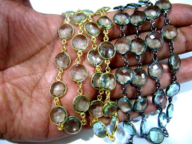 Green Amethyst Quartz Briolette Faceted Round Coin Shape 11mm to 12mm Bezel Connector Link Chain Sold Per Foot Jewelry making chain