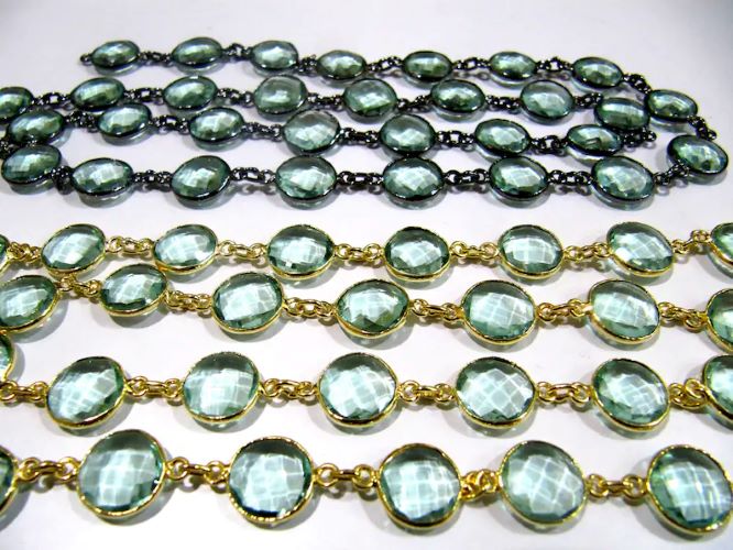 Green Amethyst Quartz Briolette Faceted Round Coin Shape 11mm to 12mm Bezel Connector Link Chain Sold Per Foot Jewelry making chain