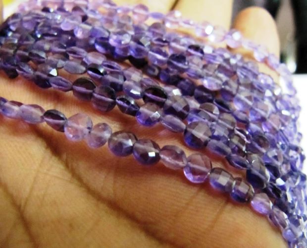 Natural Amethyst Faceted Coin shape briolette 6mm Beads sold per Strand 8 Inch Long African Amethyst Gemstone Purple beads