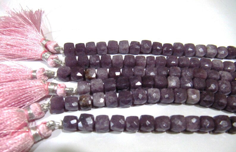 Natural Lepidolite 3D cube shape Briolette 6mm to 8mm beads sold per strand 8 inches long Box Shape Gemstone Untreated Beads