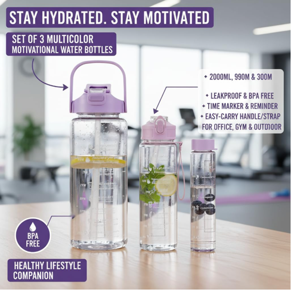 2000ML Motivational Water Bottle 3PCS Set