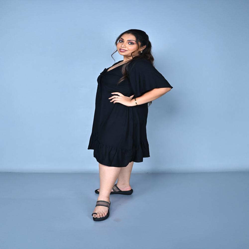 Plain Front Tie Midi Dress - Color: Black