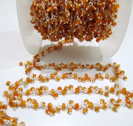 Natural Carnelian Rondelle Faceted 3mm Beaded Dangling Cluster Chain Sold Per Feet - Beads Colour: Sky Blue