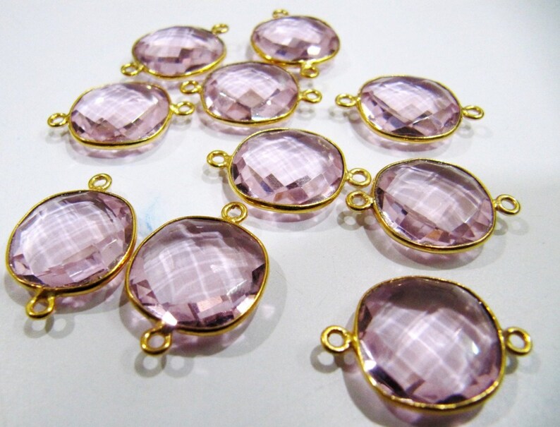 3 Pcs Set Pink Hydro Quartz Cushion Shape 15-16mm Double Loop Bezel Connectors