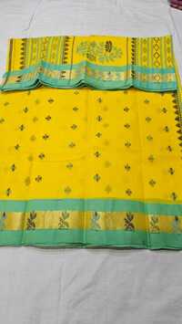 Fancy Cotton Without Zari Border Saree - Color: Multi-color