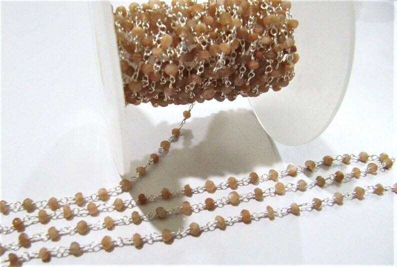 3 Feet-Natural Peach Moonstone Rondelle Faceted Beaded Rosary Chain 3-4mm