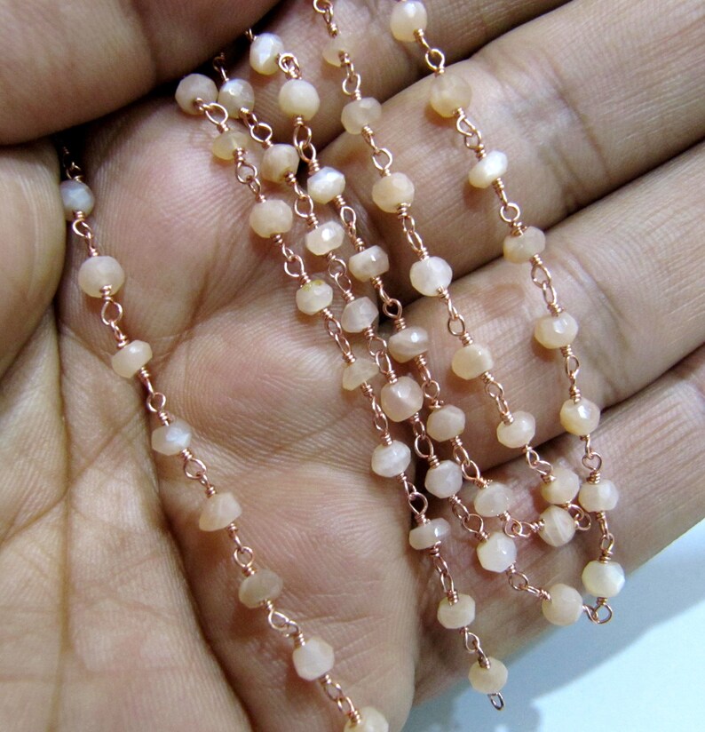 3 Feet-Natural Peach Moonstone Rondelle Faceted Beaded Rosary Chain 3-4mm