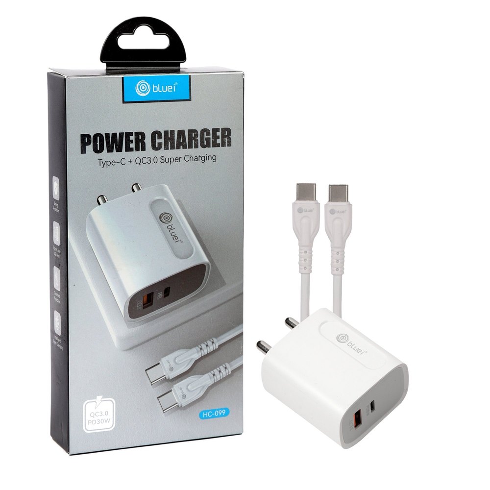 Bluei HC-099 30W PD + QC Fast Charger with Type-C Cable | Power Delivery & Quick Charge 3.0 Mobile Charger