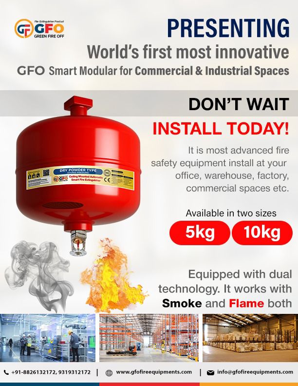 GFO Smart Automatic Modular Fire Extinguisher 5Kg with Inbuilt Smoke Sensor Technology | Auto Fire Suppression for commercial & Industrial Safety.