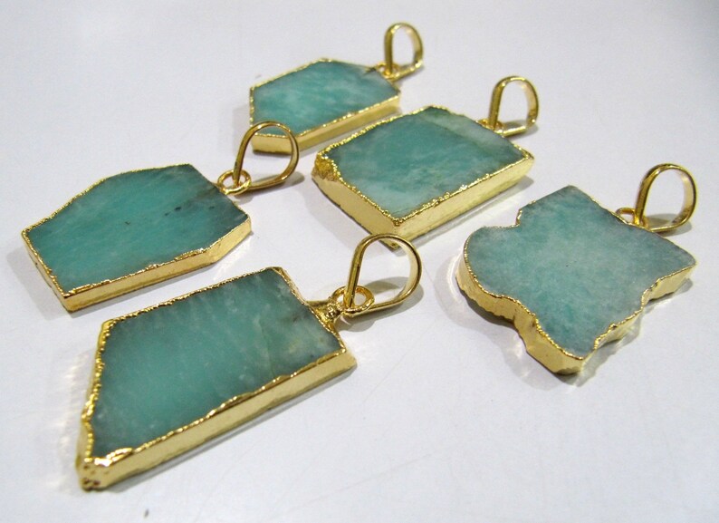 2 Pcs Set-Natural Amazonite Slice Pendant Free Form Connector Charm With 24kt Gold Electroplated Edge Single Loop 1 inch approximately