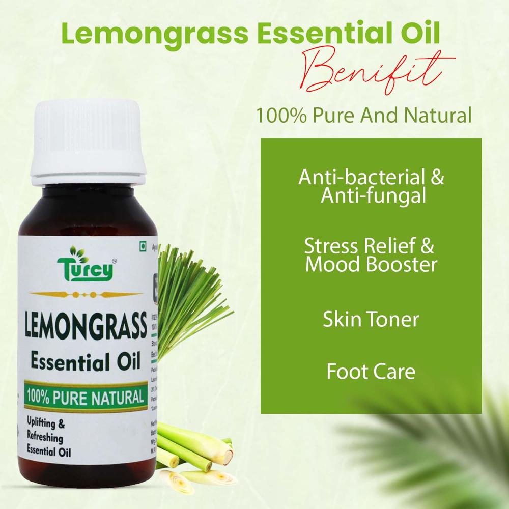Turcy Lemongrass Essential Oil  Pure & Natural for Hair Growth, Glowing Skin, Stress Relief & Aromatherapy(15ml)