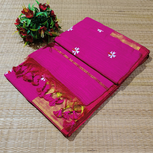 Handloom Viscos Slub Shiuli  Embroidery Saree
