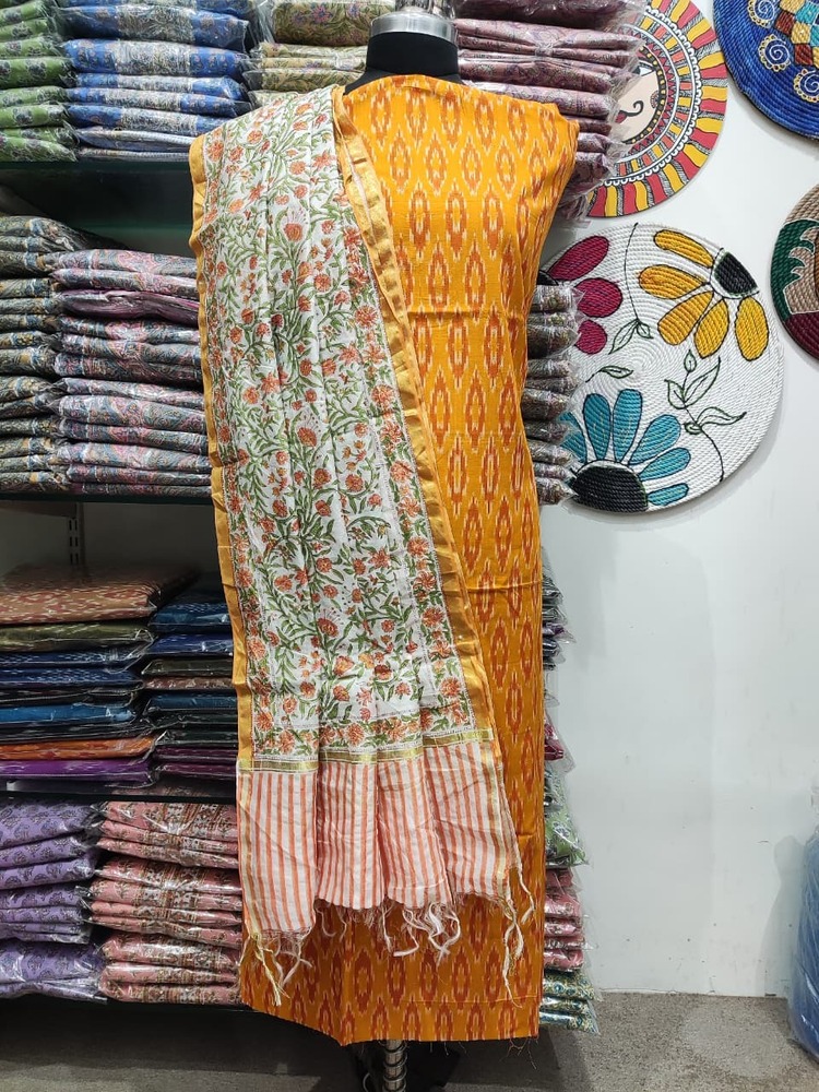 Ladies Designer Mercerised Yarn Dyed Ikat Kurta With Chanderi Dupatta