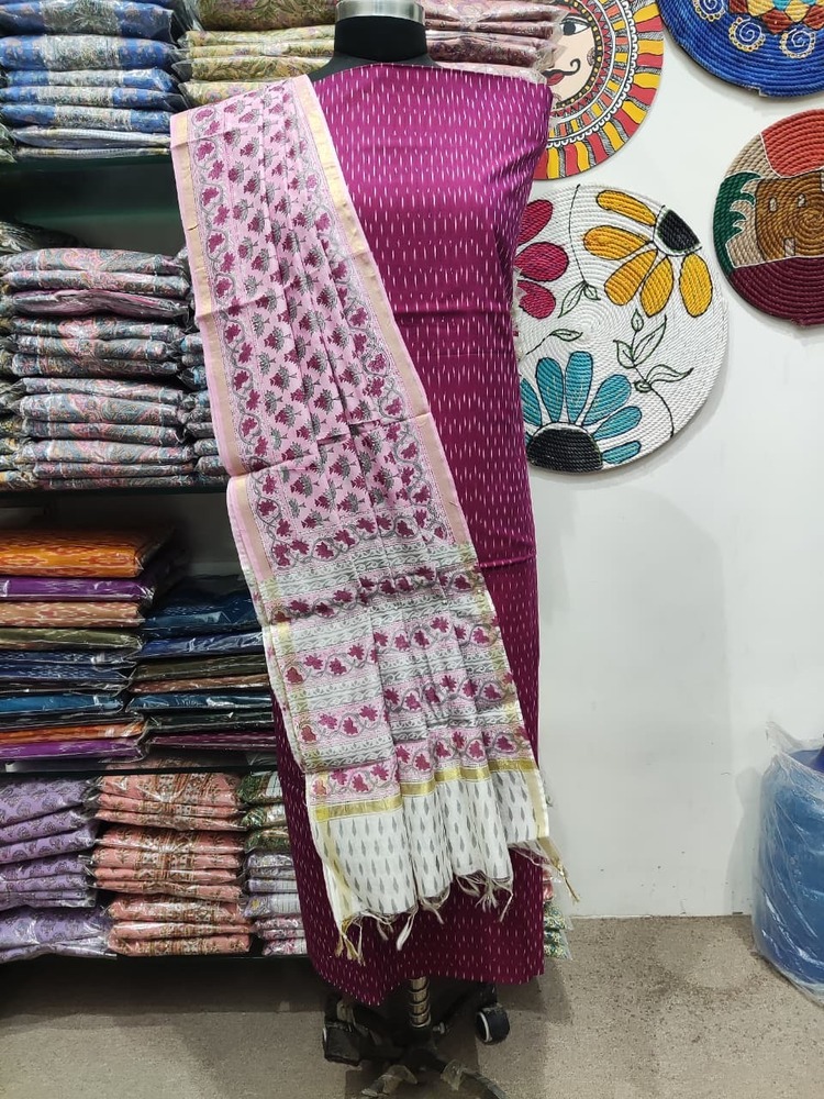 Ladies Casual Mercerised Yarn Dyed Ikat Kurta With Chanderi Dupatta