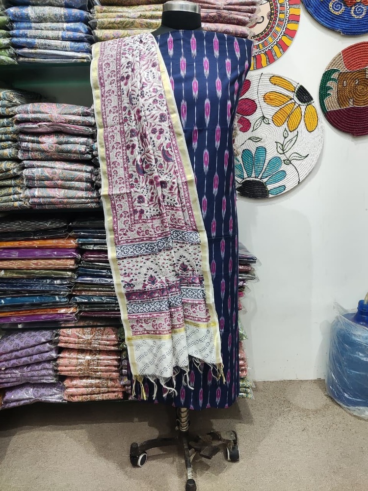 Ladies Casual Mercerised Yarn Dyed Ikat Kurta With Chanderi Dupatta