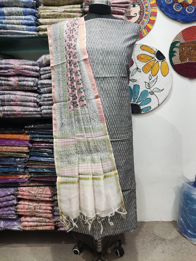 Ladies Casual Mercerised Yarn Dyed Ikat Kurta With Chanderi Dupatta